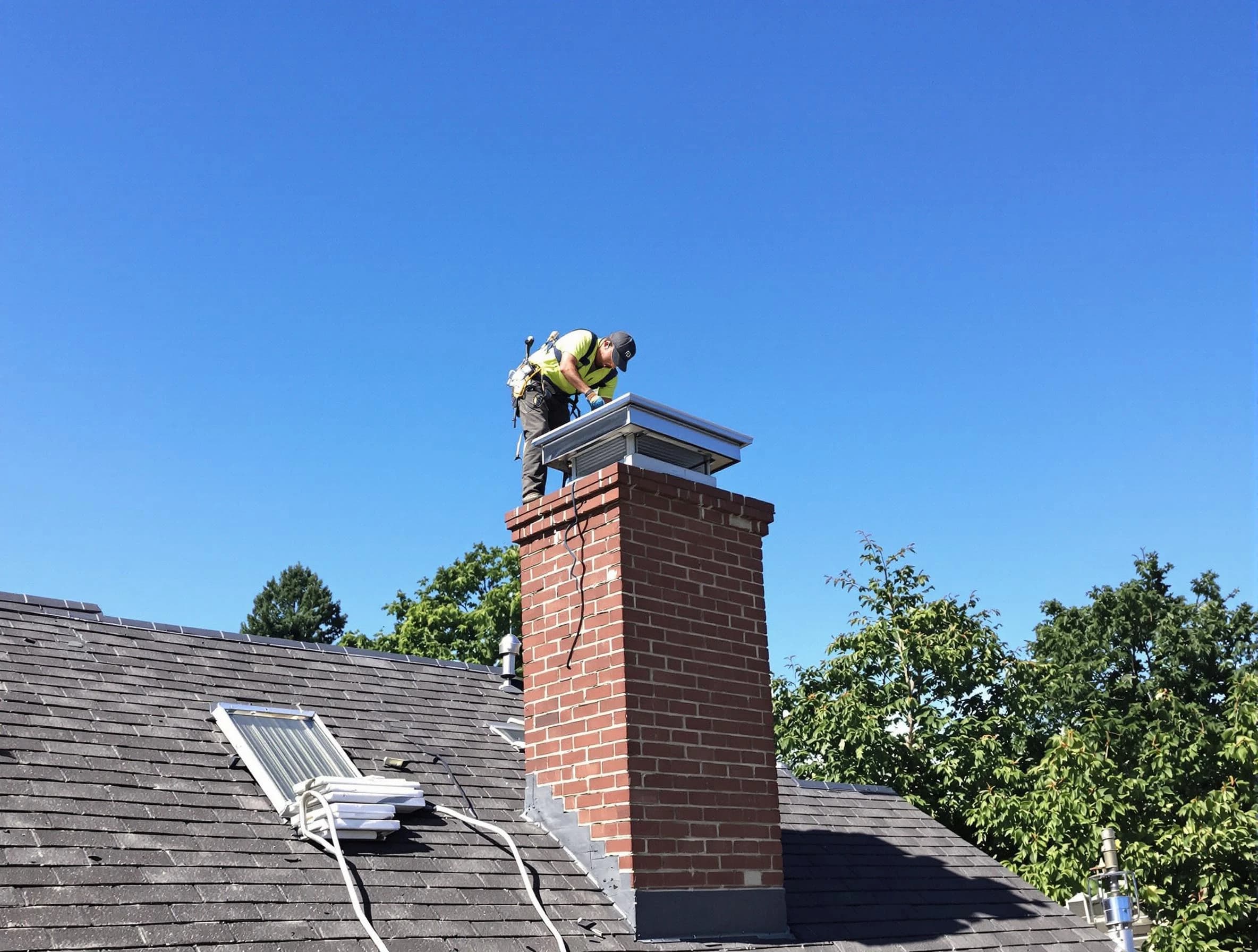 East Highland Park Chimney Sweep technician measuring a chimney cap in East Highland Park, VA